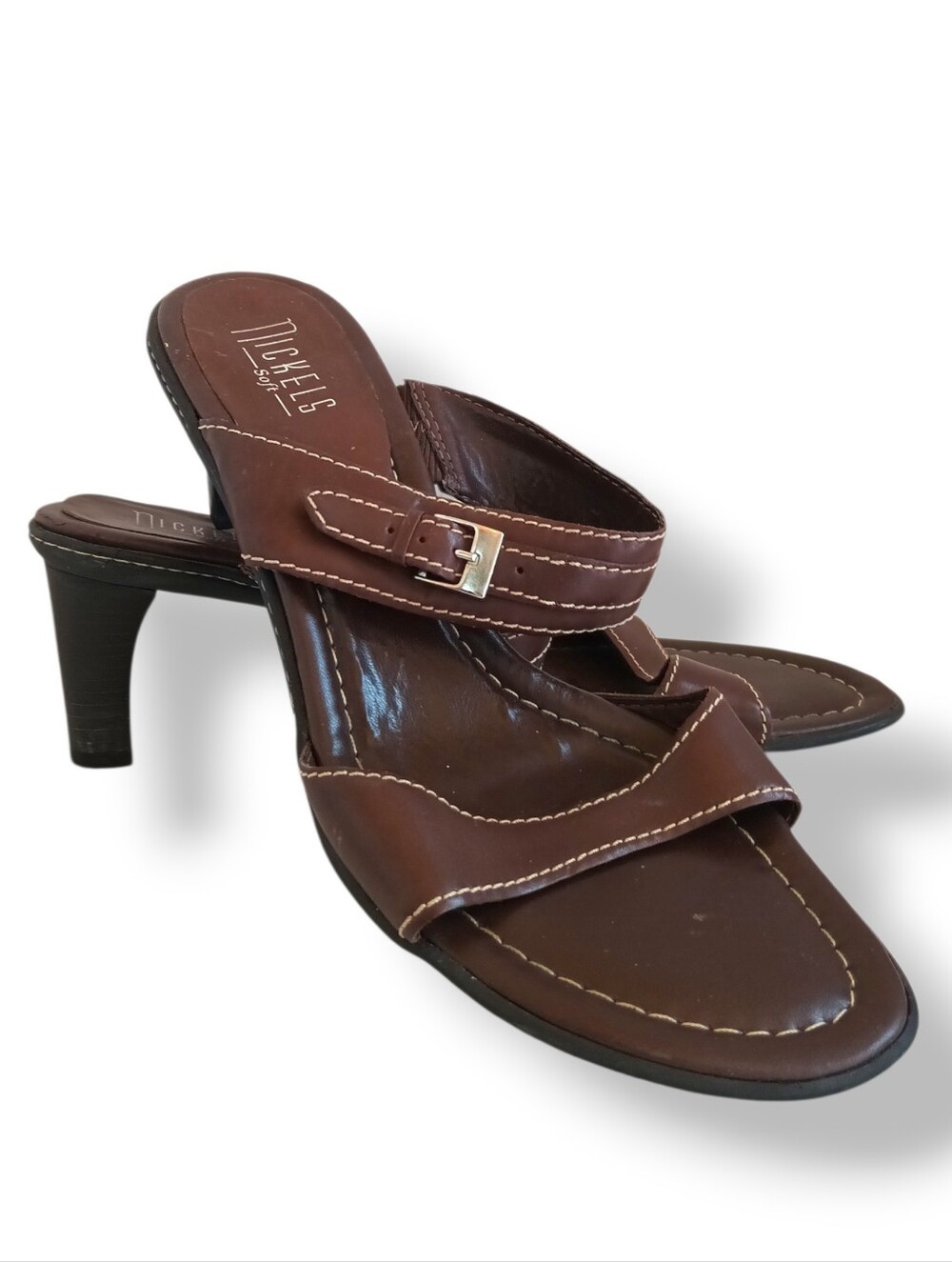 Nickels Brown Leather Buckle Mid-Heel Sandal Heels Open Toe Short Heel Neutral